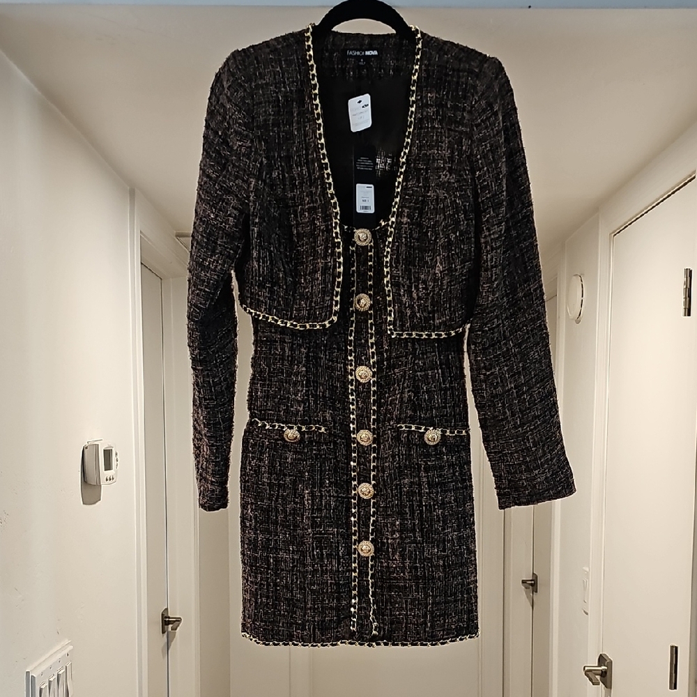 Fashion Nova Black 2 Piece Tweed Blazer and Dress with Gold Details Size Small
